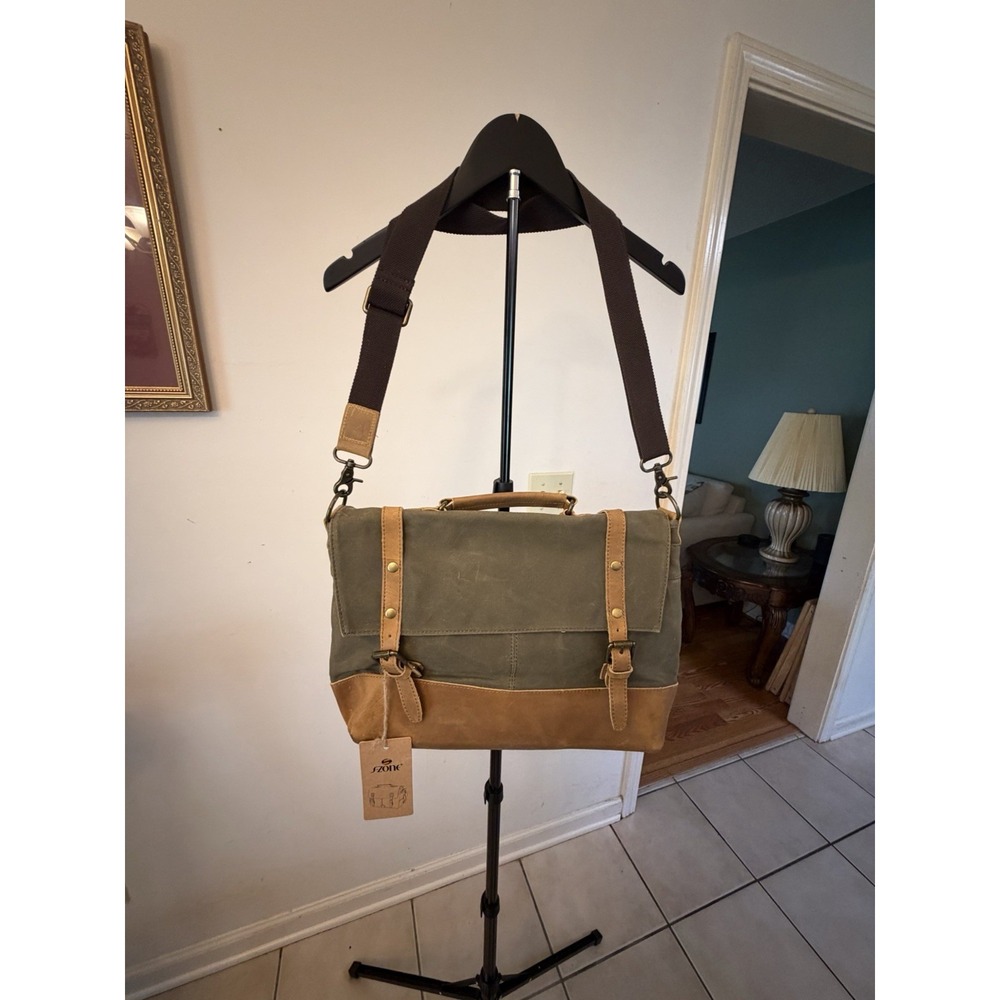 S-ZONE Canvas Leather Messenger Bag Laptop Briefcase Workwear Army Green